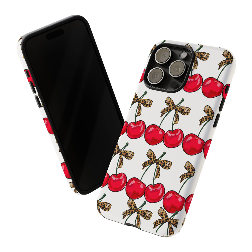 Cherry Pattern Phone Case — Retro Red Cherries with Leopard Bow iPhone Case