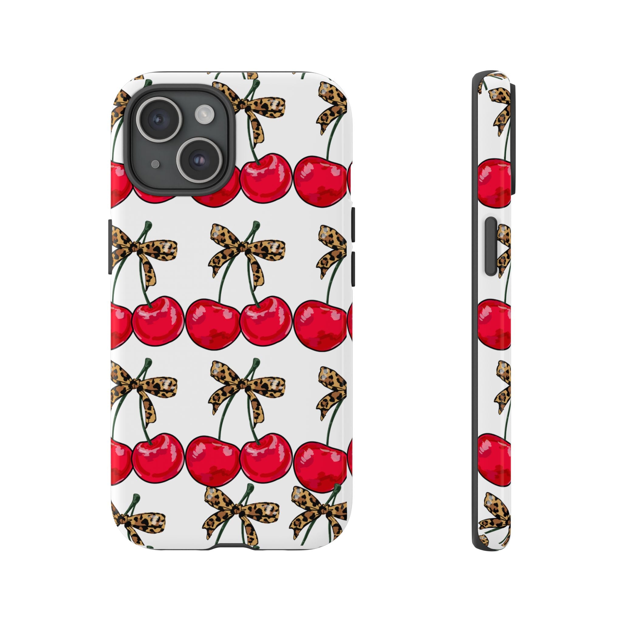 Cherry Pattern Phone Case — Retro Red Cherries with Leopard Bow iPhone Case