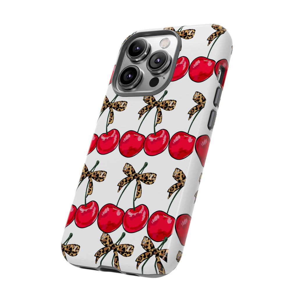 Cherry Pattern Phone Case — Retro Red Cherries with Leopard Bow iPhone Case