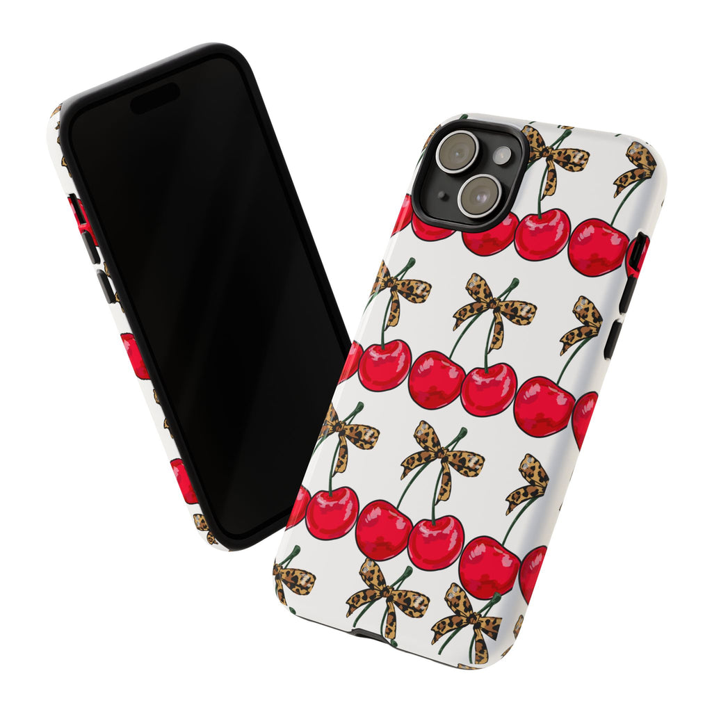 Cherry Pattern Phone Case — Retro Red Cherries with Leopard Bow iPhone Case