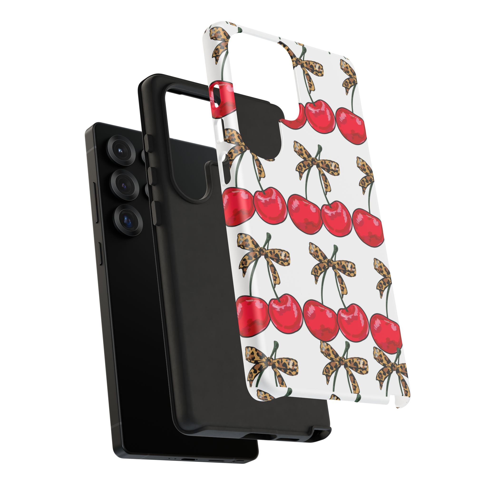 Cherry Pattern Phone Case — Retro Red Cherries with Leopard Bow iPhone Case