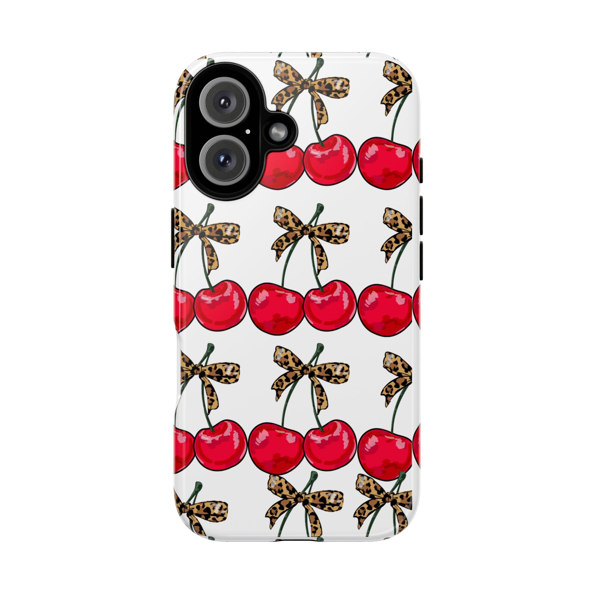 Cherry Pattern Phone Case — Retro Red Cherries with Leopard Bow iPhone Case