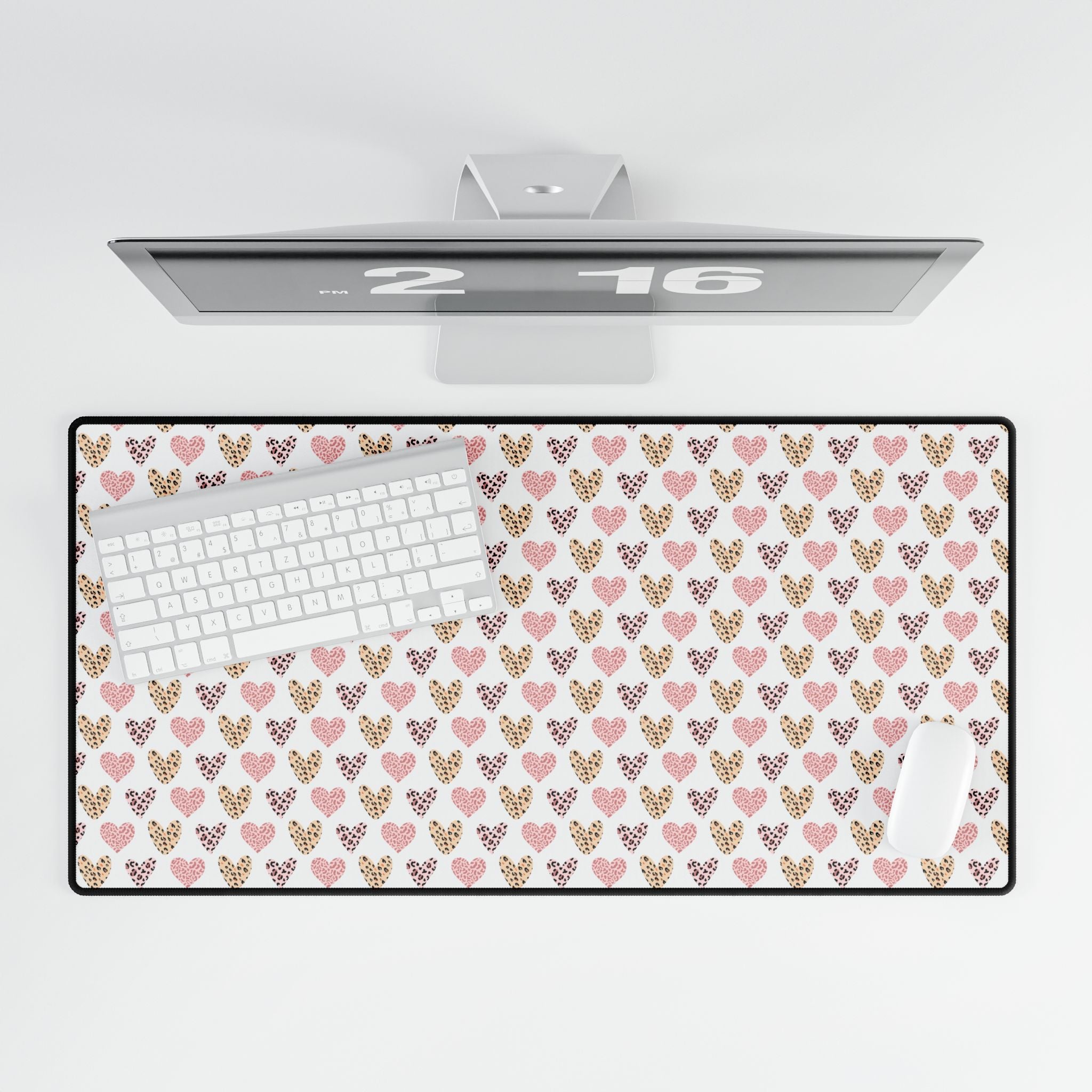 Heart Pattern Desk Mat — Pink & Leopard Print Mouse Pad for Office & Gaming