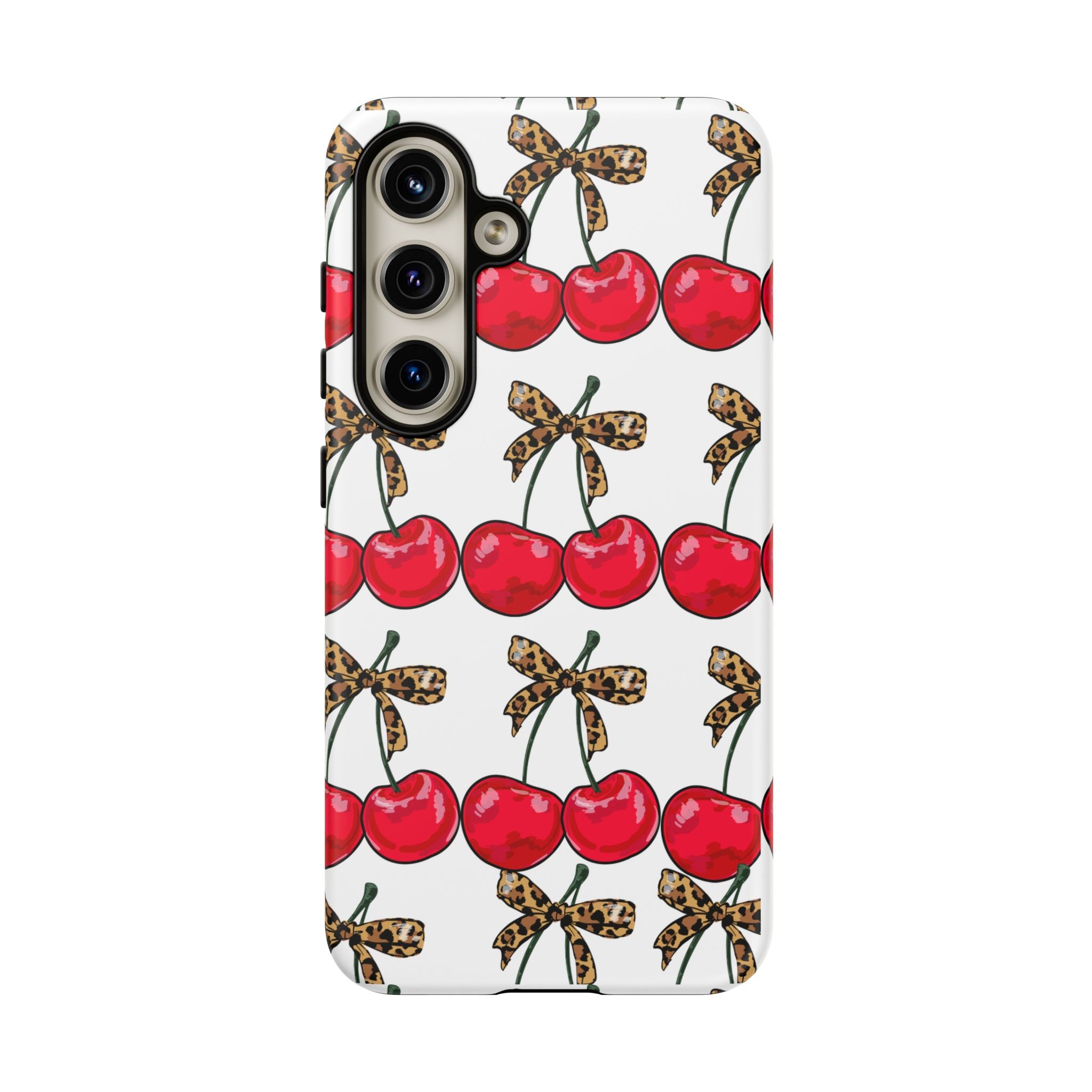 Cherry Pattern Phone Case — Retro Red Cherries with Leopard Bow iPhone Case