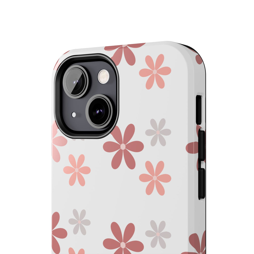Floral Daisy Tough Phone Case — Pink Retro Flower Pattern, Protective Shockproof Phone Cover