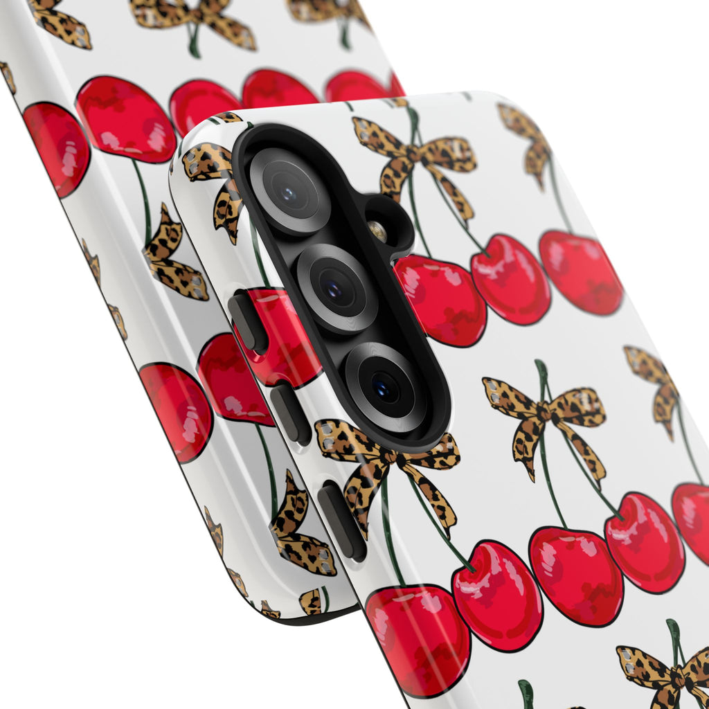 Cherry Pattern Phone Case — Retro Red Cherries with Leopard Bow iPhone Case