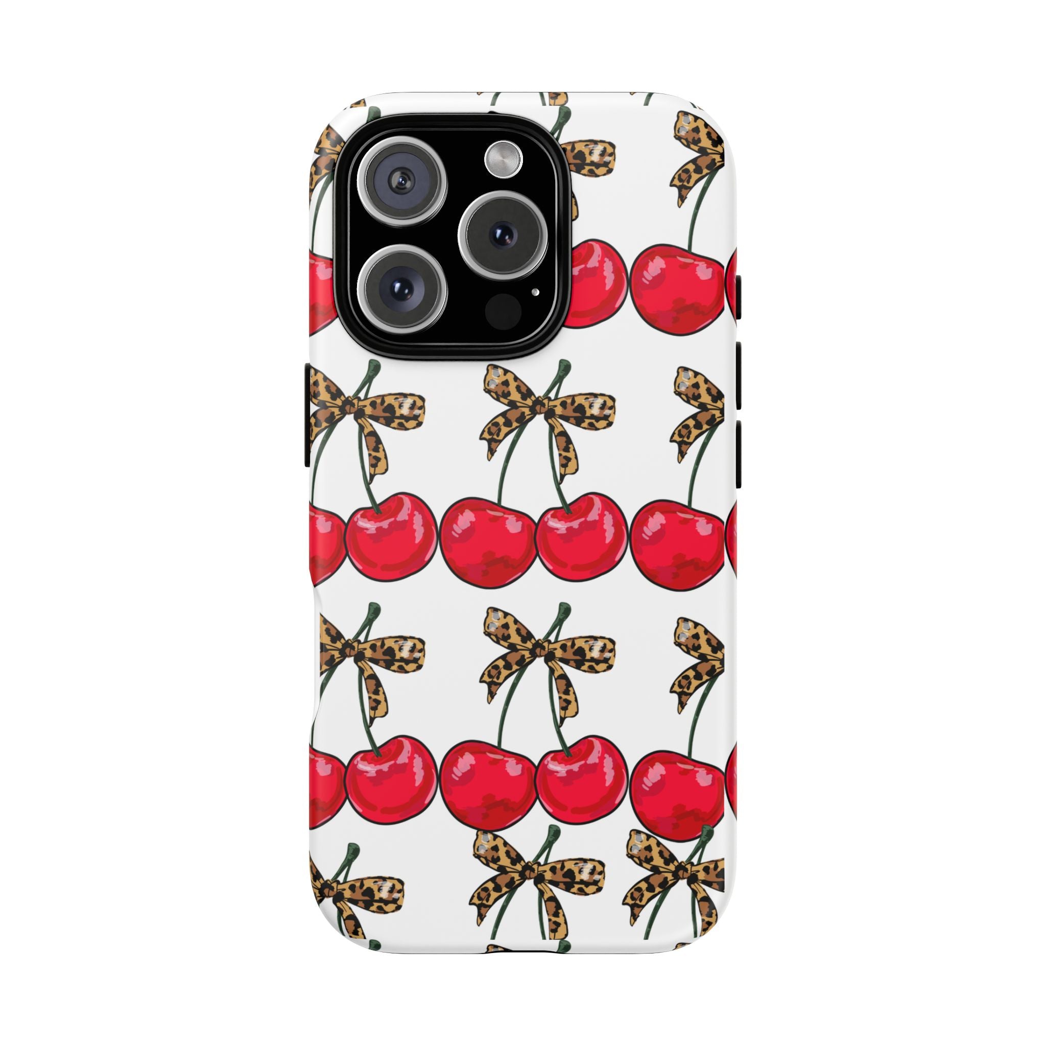 Cherry Pattern Phone Case — Retro Red Cherries with Leopard Bow iPhone Case