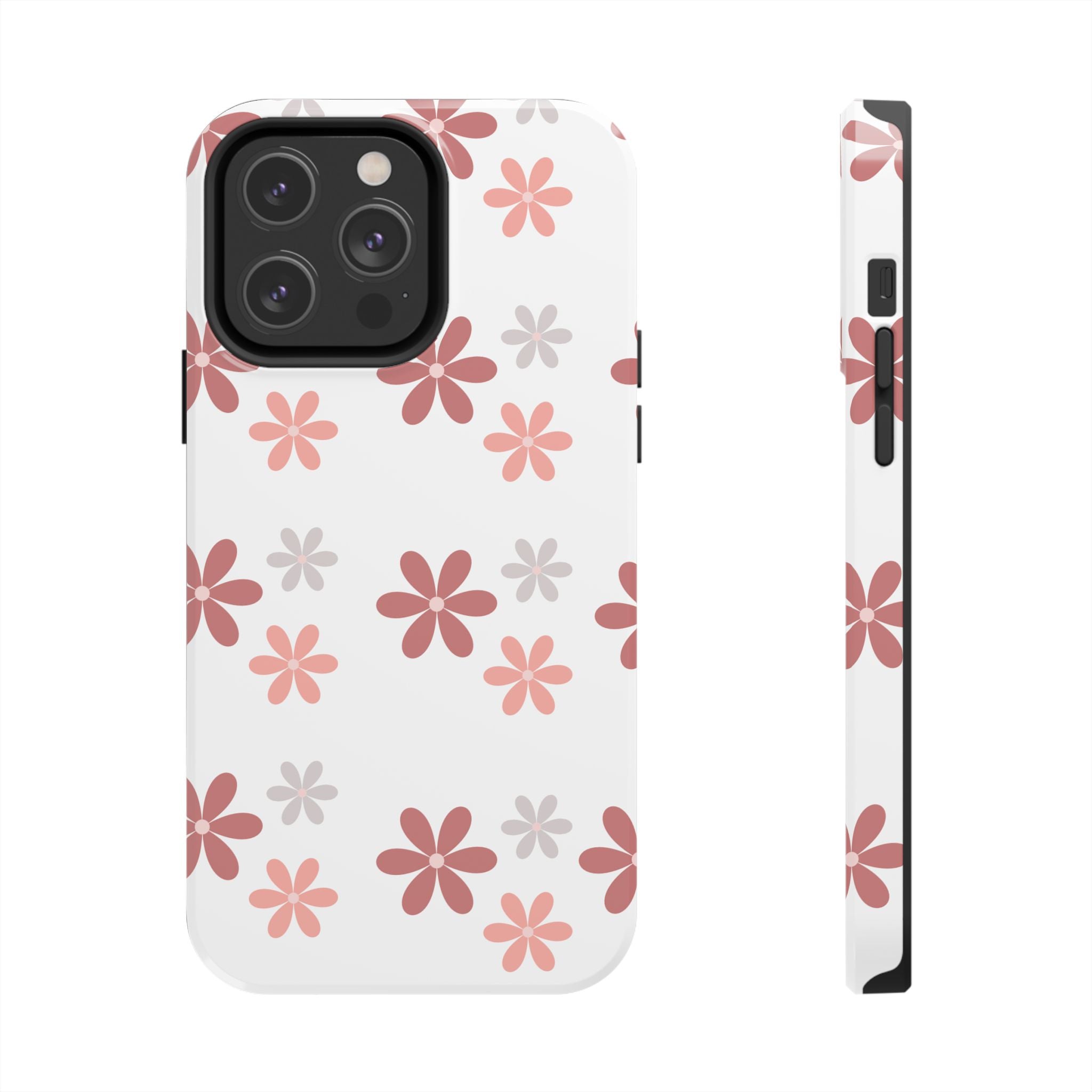 Floral Daisy Tough Phone Case — Pink Retro Flower Pattern, Protective Shockproof Phone Cover