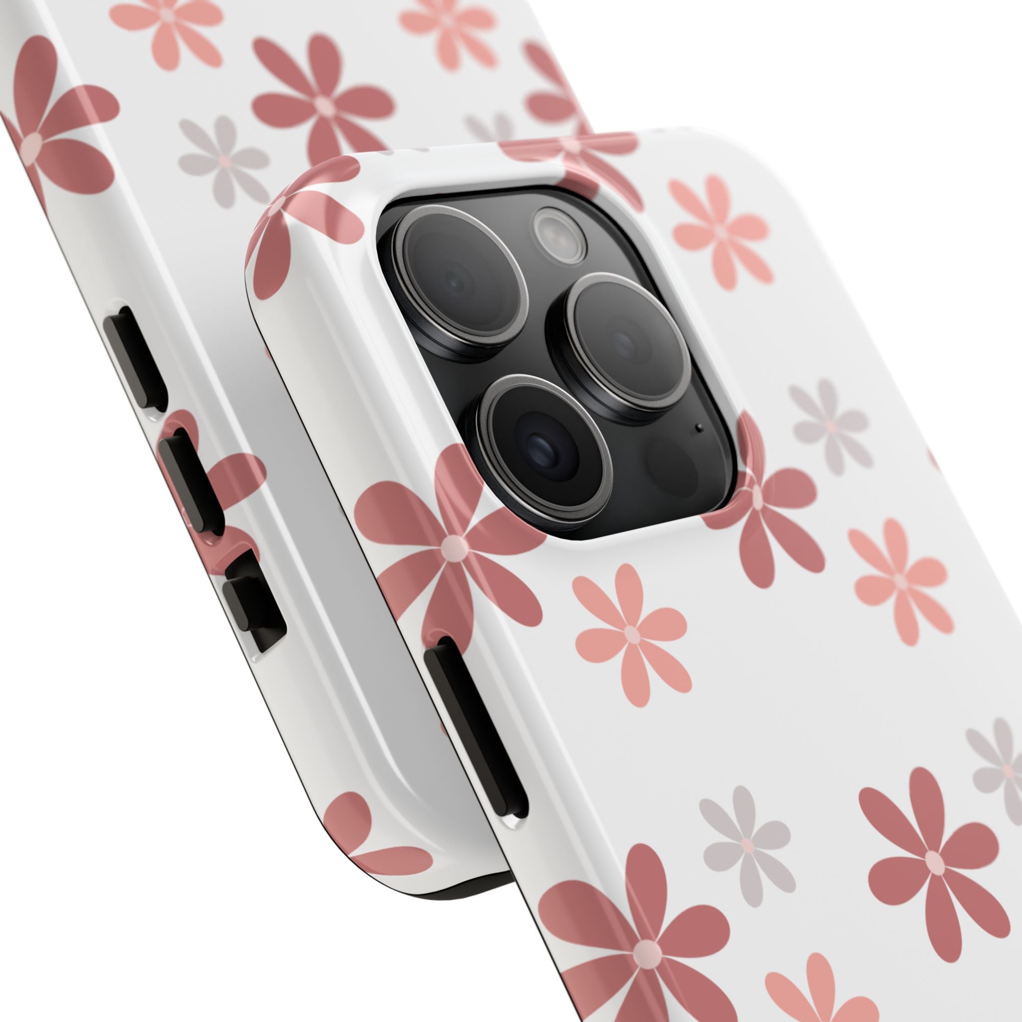 Floral Daisy Tough Phone Case — Pink Retro Flower Pattern, Protective Shockproof Phone Cover