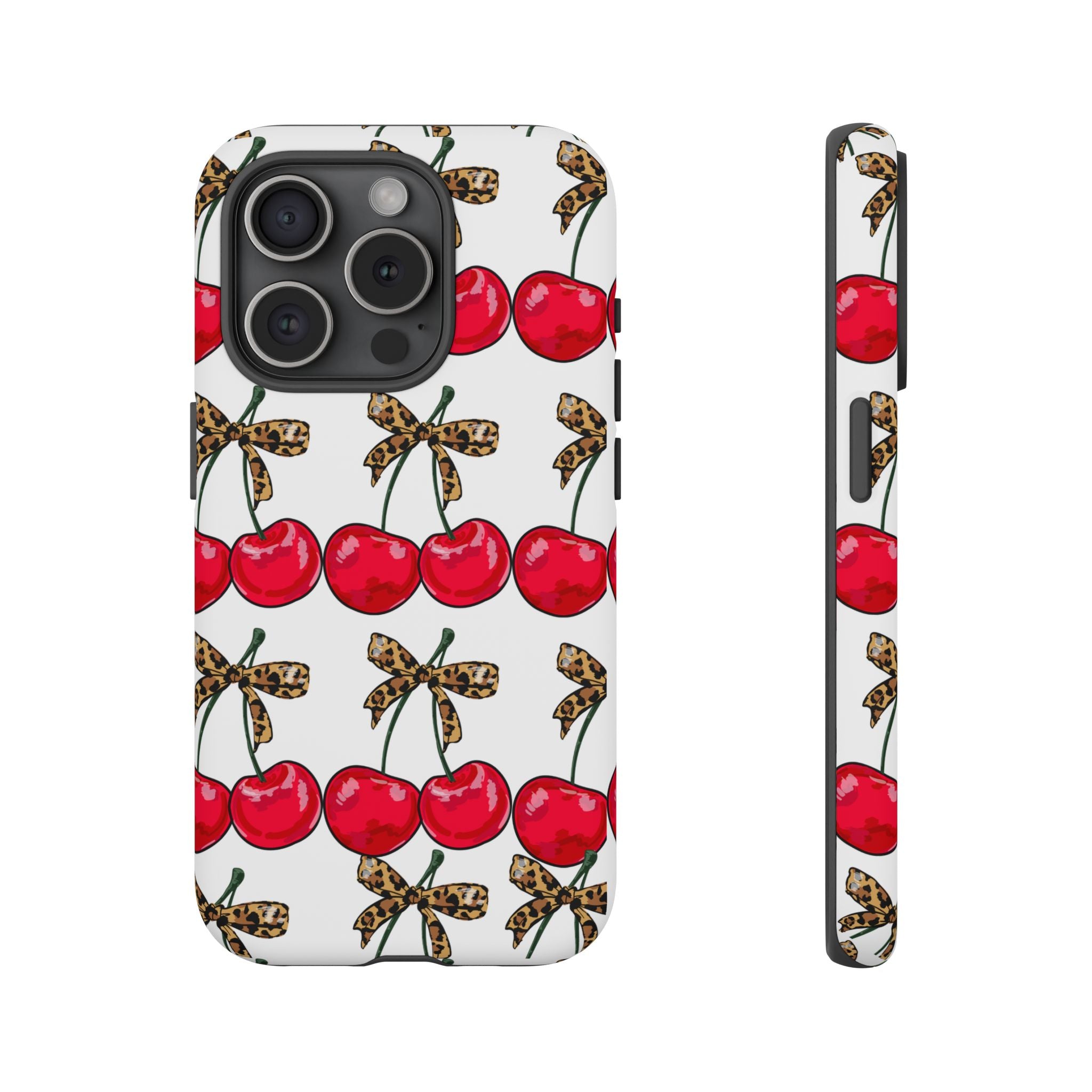 Cherry Pattern Phone Case — Retro Red Cherries with Leopard Bow iPhone Case