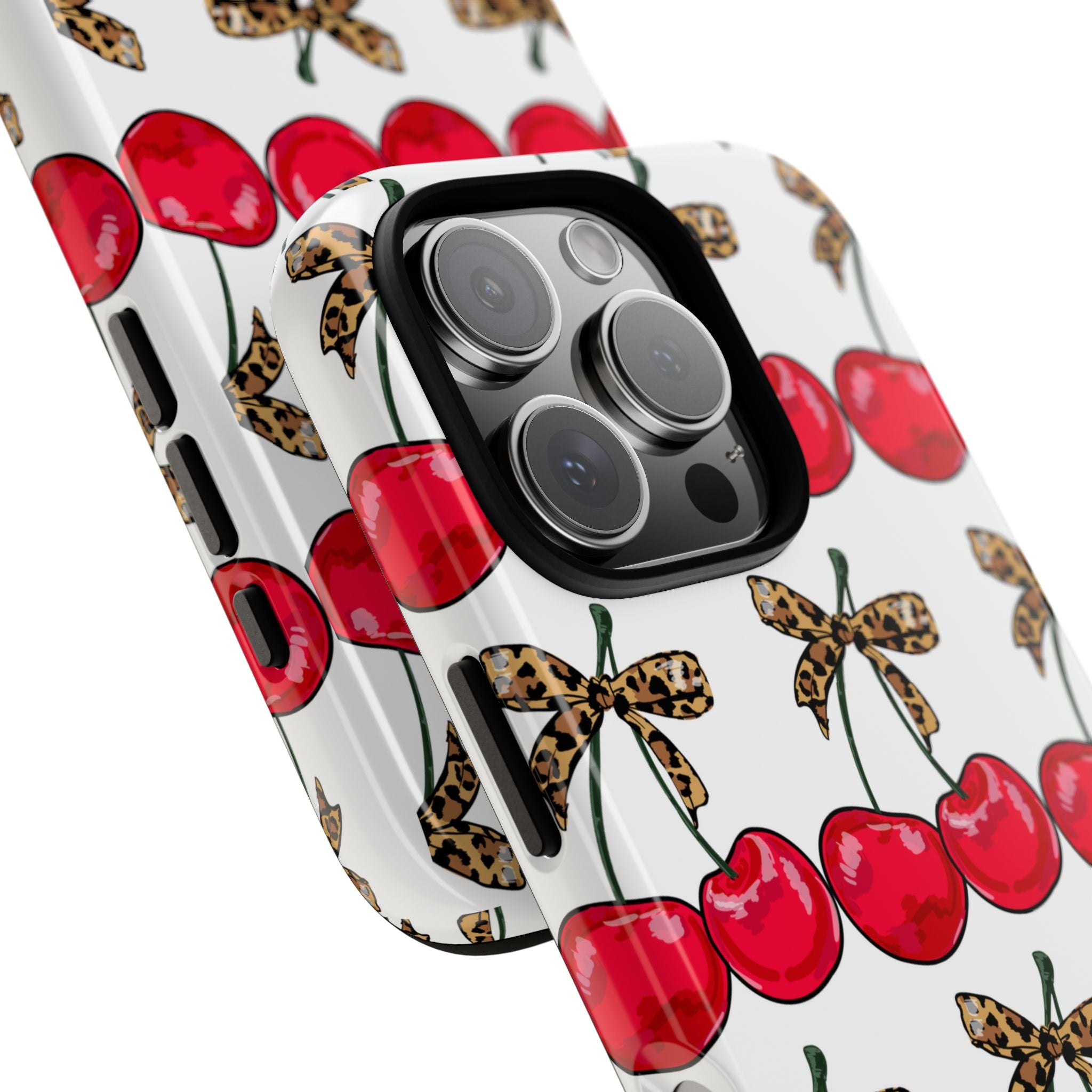 Cherry Pattern Phone Case — Retro Red Cherries with Leopard Bow iPhone Case