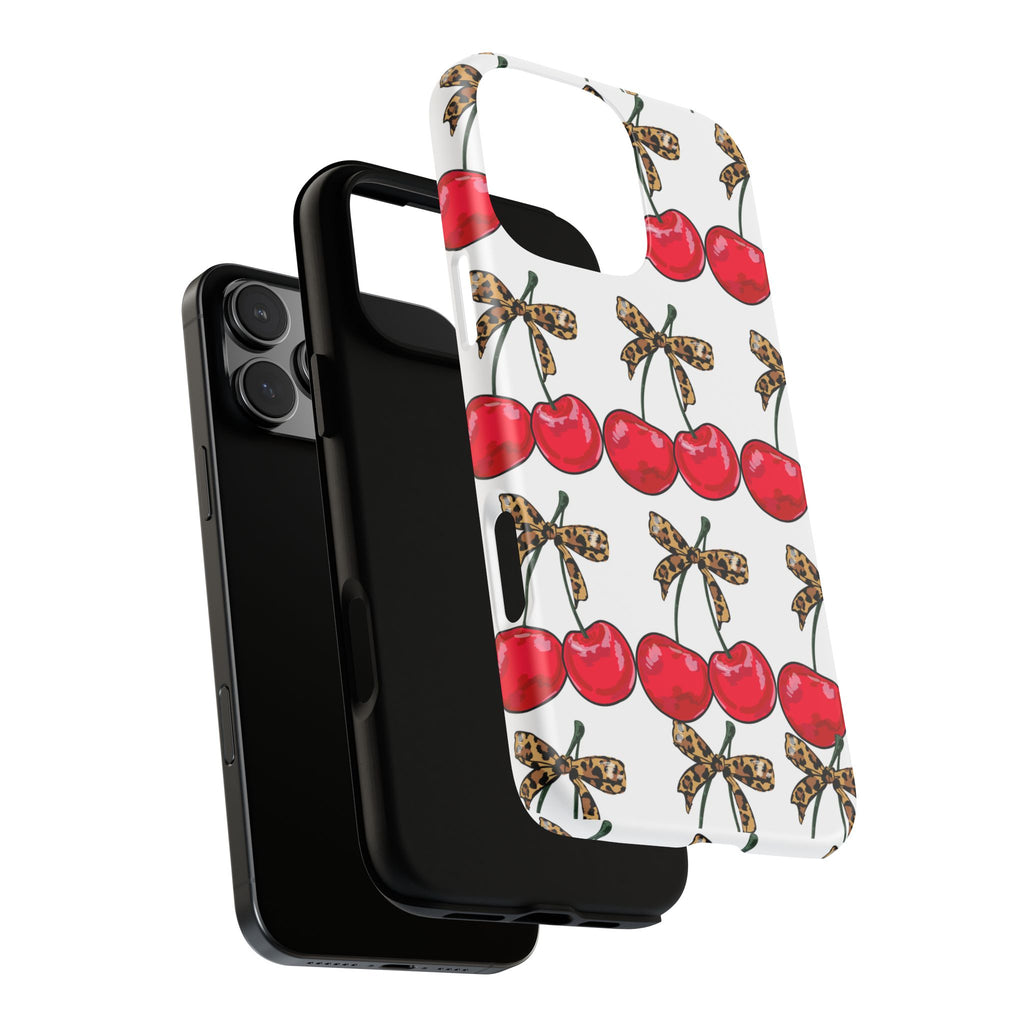 Cherry Pattern Phone Case — Retro Red Cherries with Leopard Bow iPhone Case