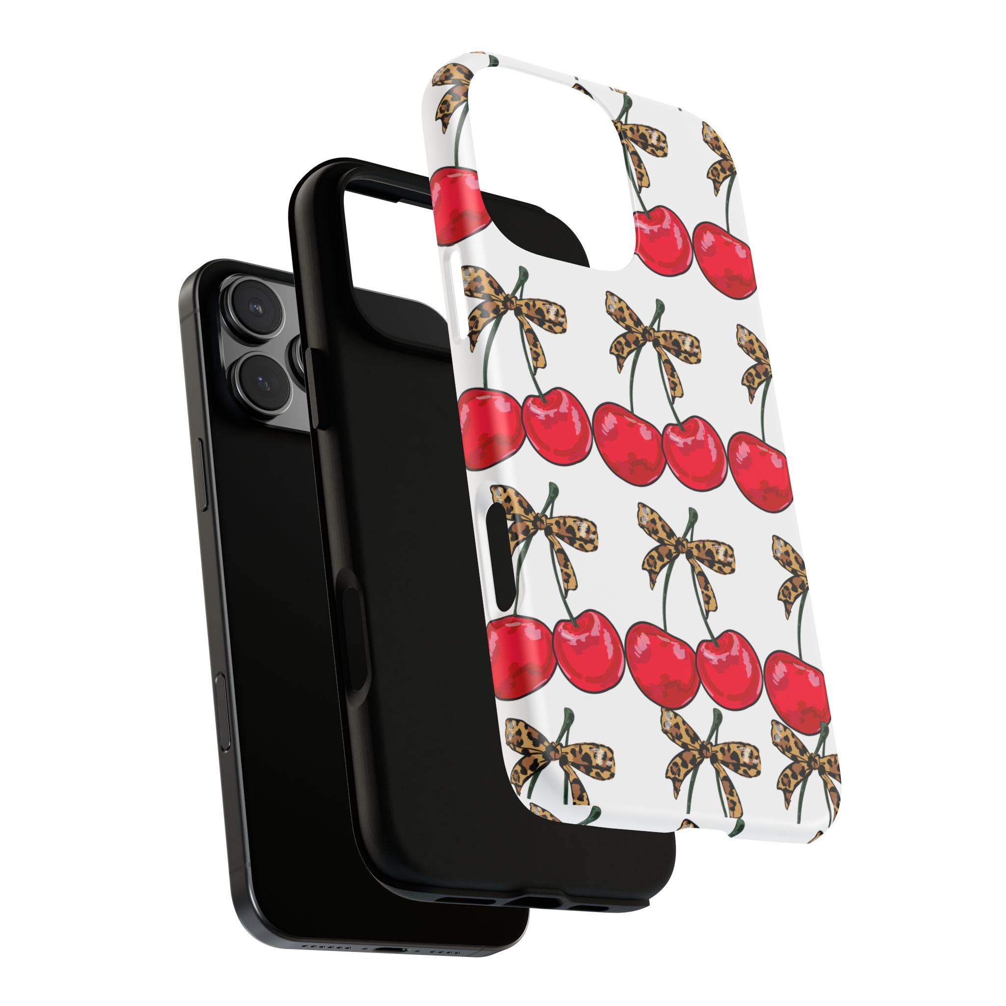 Cherry Pattern Phone Case — Retro Red Cherries with Leopard Bow iPhone Case
