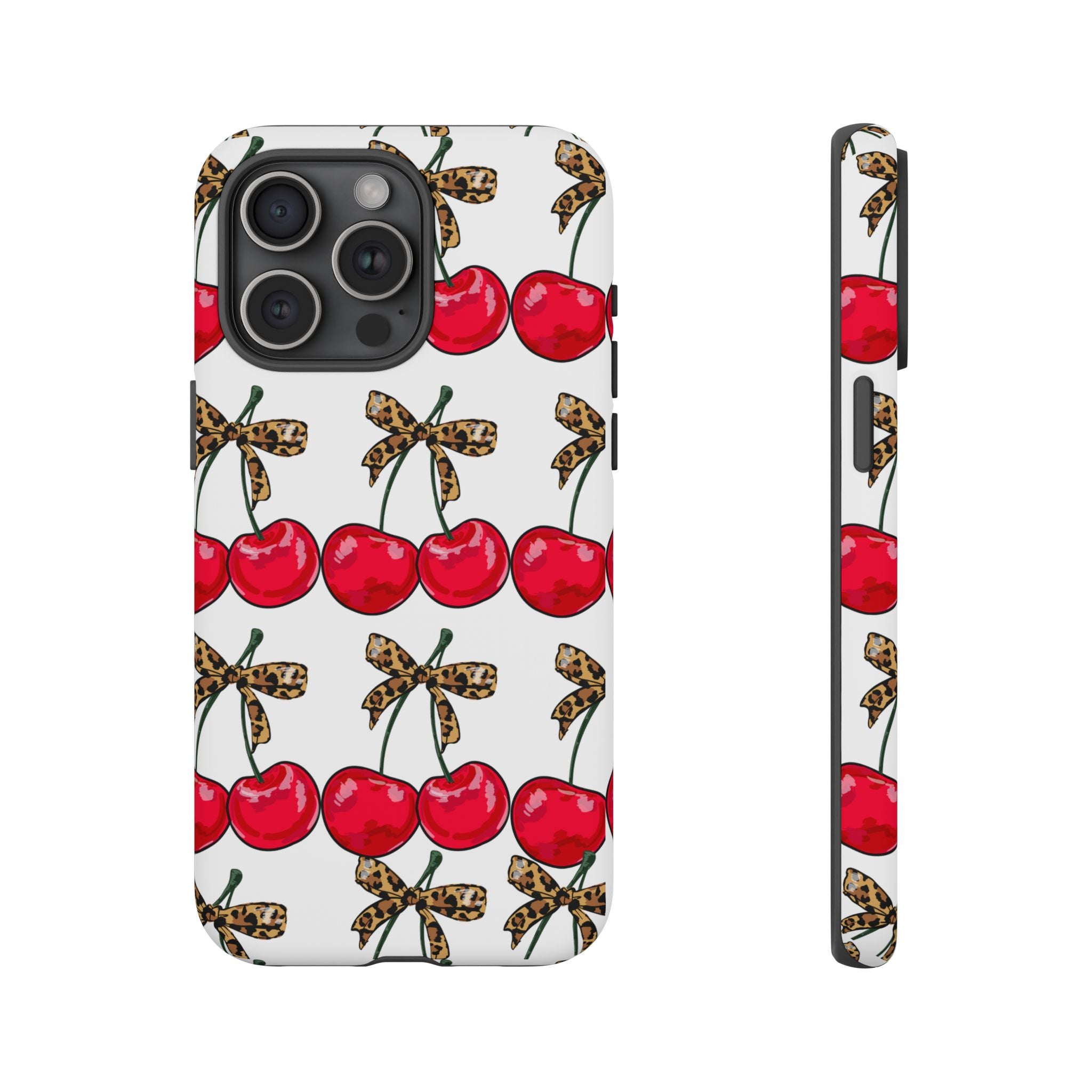 Cherry Pattern Phone Case — Retro Red Cherries with Leopard Bow iPhone Case