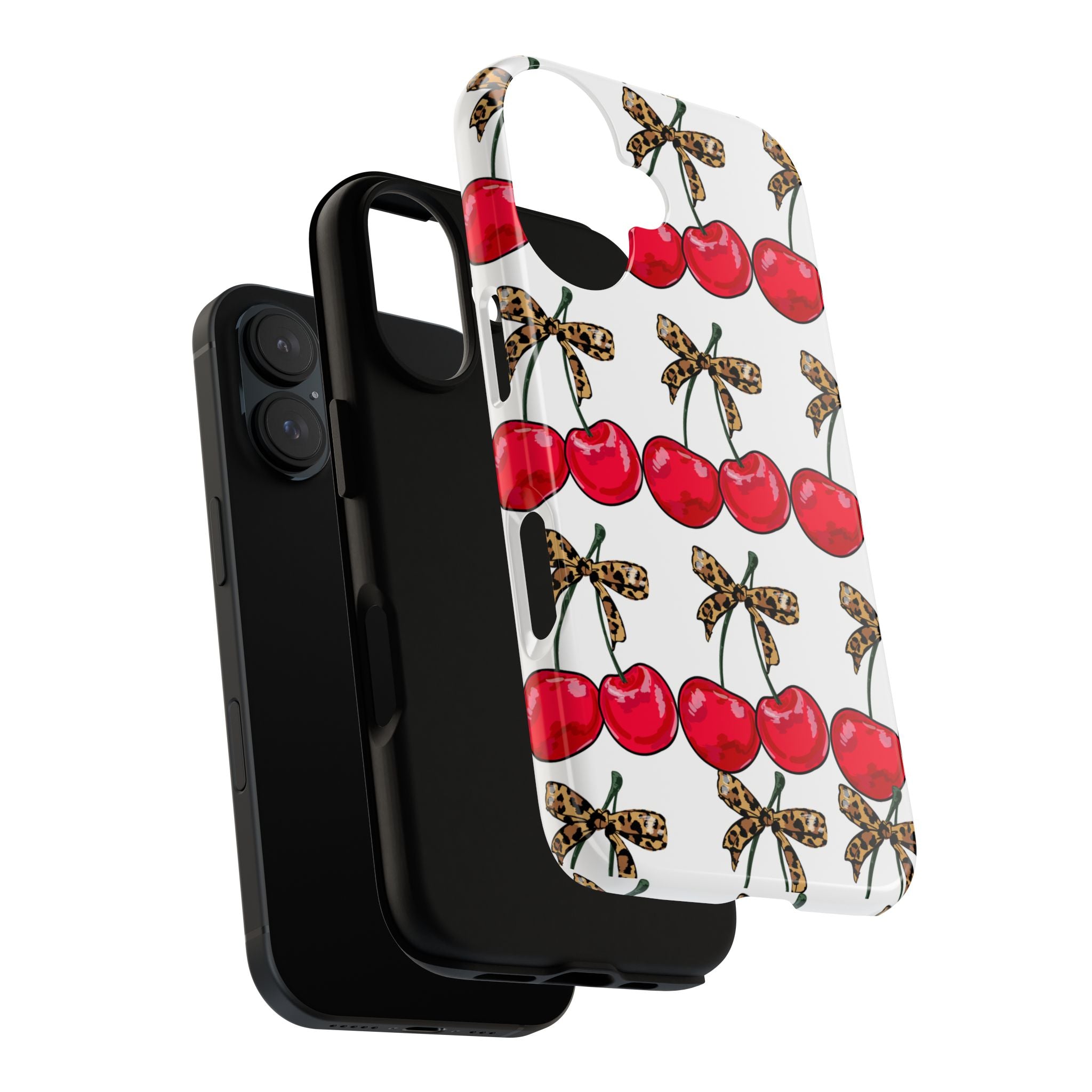 Cherry Pattern Phone Case — Retro Red Cherries with Leopard Bow iPhone Case