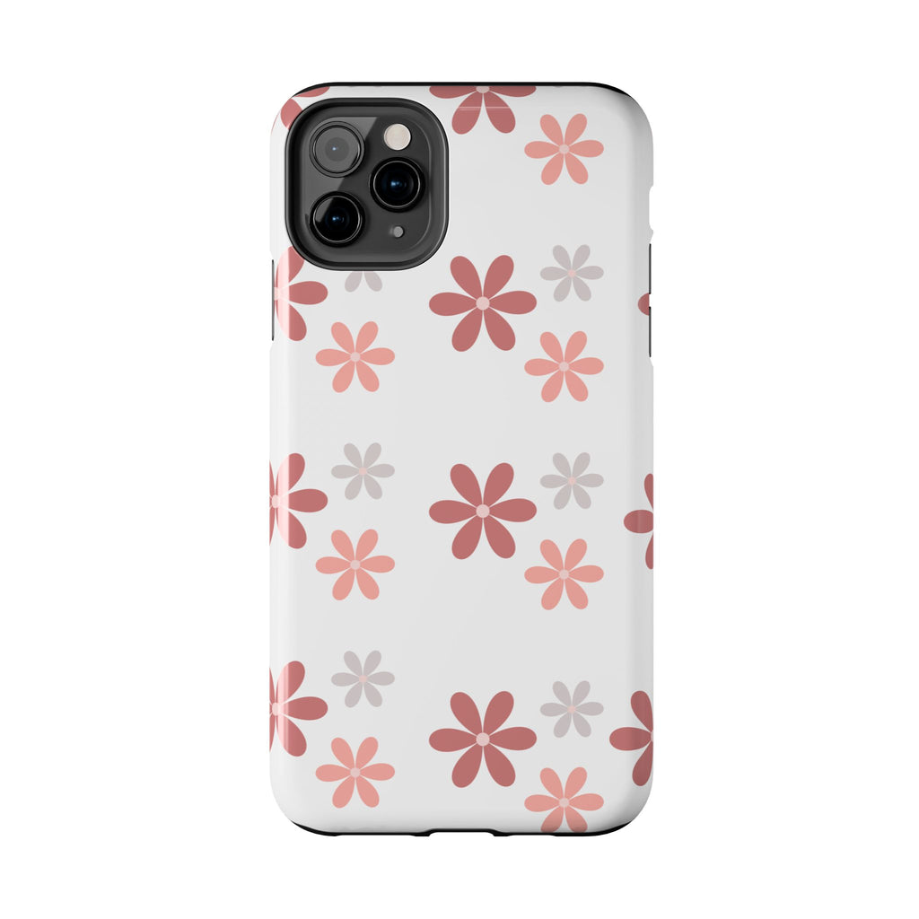 Floral Daisy Tough Phone Case — Pink Retro Flower Pattern, Protective Shockproof Phone Cover