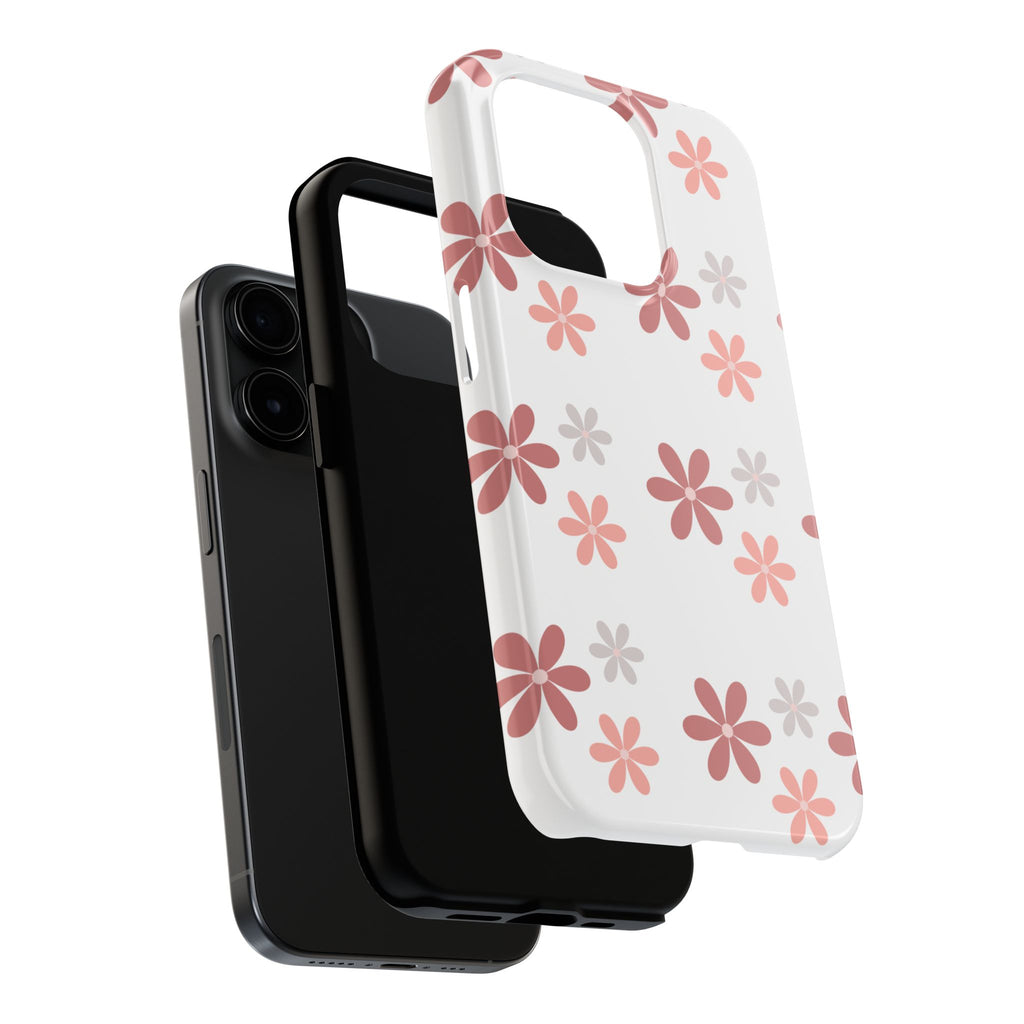 Floral Daisy Tough Phone Case — Pink Retro Flower Pattern, Protective Shockproof Phone Cover