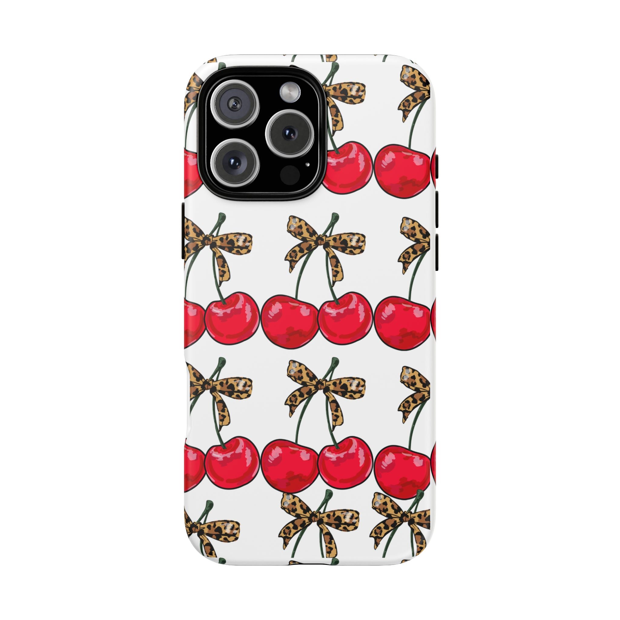 Cherry Pattern Phone Case — Retro Red Cherries with Leopard Bow iPhone Case
