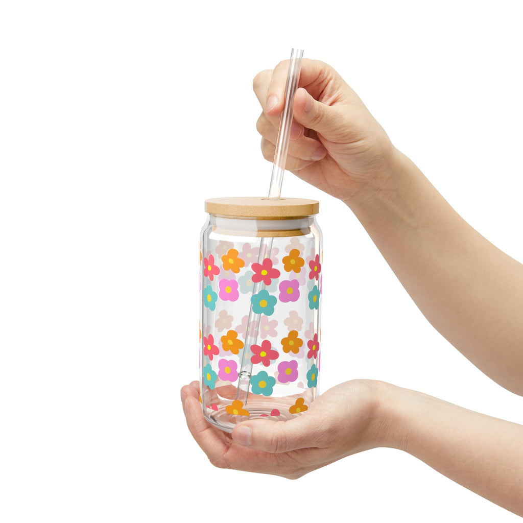 16oz Floral Sipper Glass — Cheerful Bamboo Lid & Retro Bloom Design