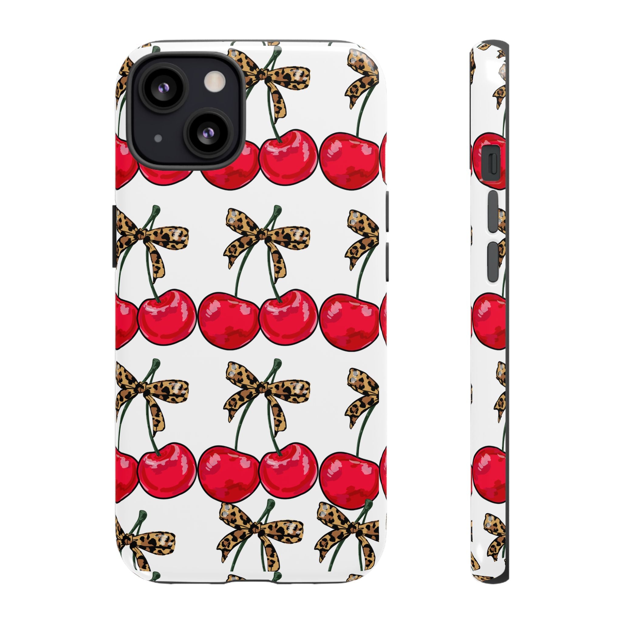 Cherry Pattern Phone Case — Retro Red Cherries with Leopard Bow iPhone Case