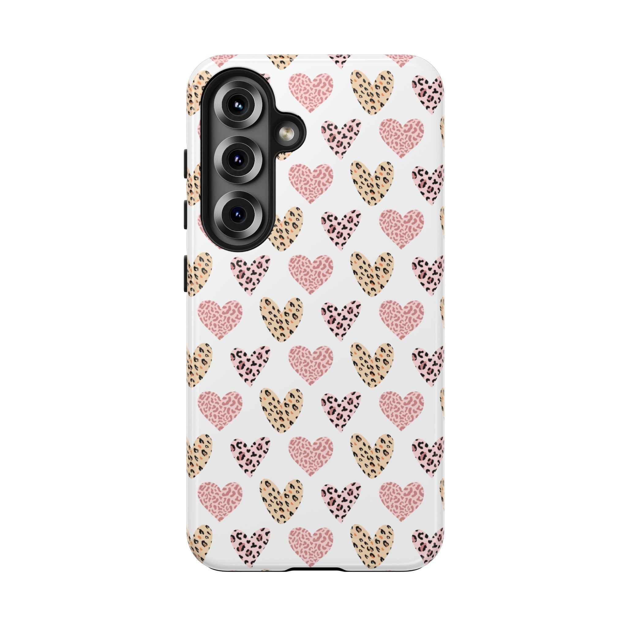 Heart Leopard Tough Phone Case — Pink & Gold Animal Print Protective Phone Cover
