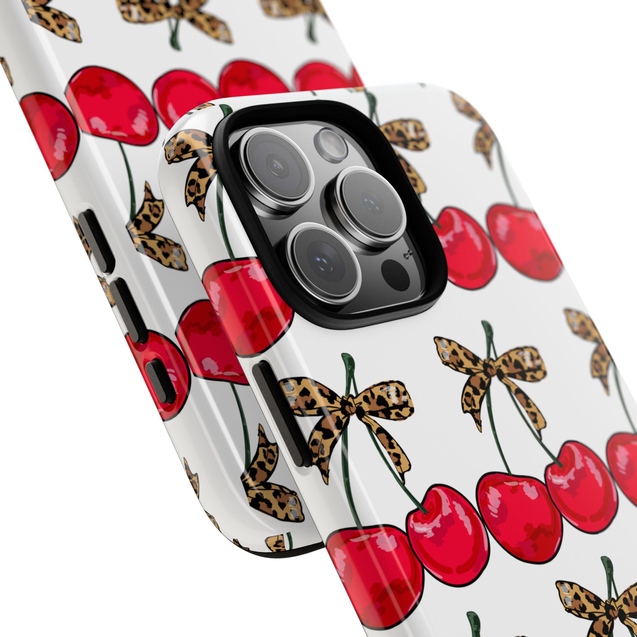 Cherry Pattern Phone Case — Retro Red Cherries with Leopard Bow iPhone Case