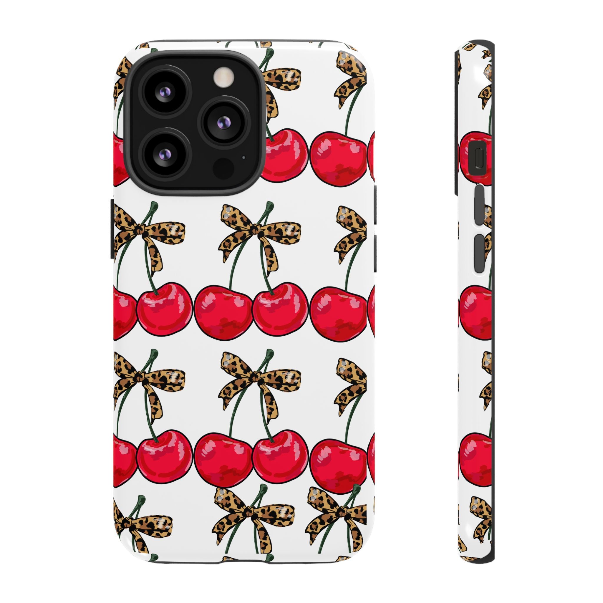 Cherry Pattern Phone Case — Retro Red Cherries with Leopard Bow iPhone Case