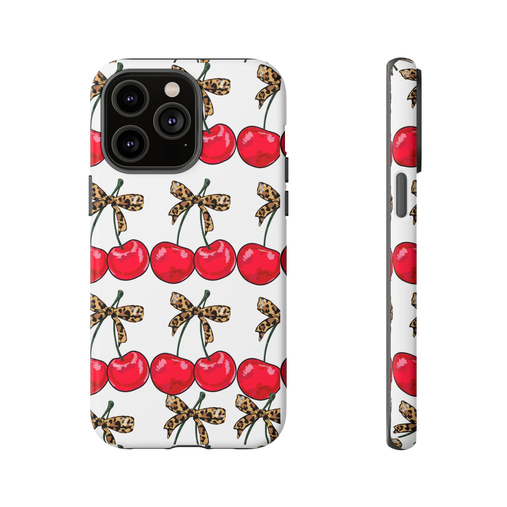 Cherry Pattern Phone Case — Retro Red Cherries with Leopard Bow iPhone Case
