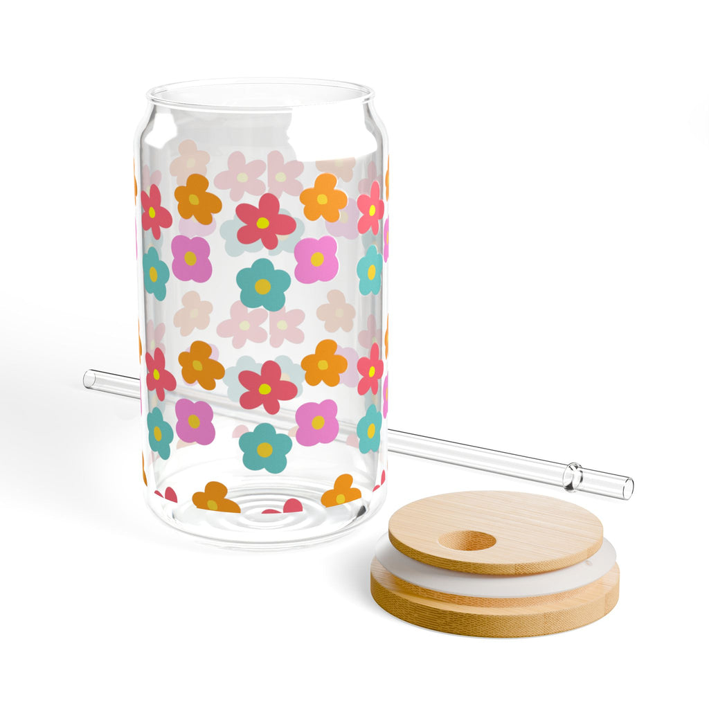 16oz Floral Sipper Glass — Cheerful Bamboo Lid & Retro Bloom Design