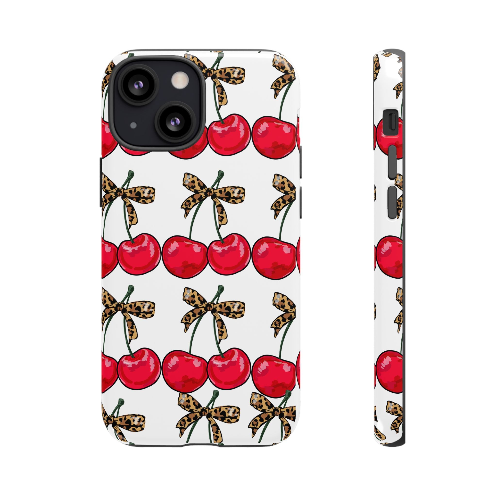 Cherry Pattern Phone Case — Retro Red Cherries with Leopard Bow iPhone Case
