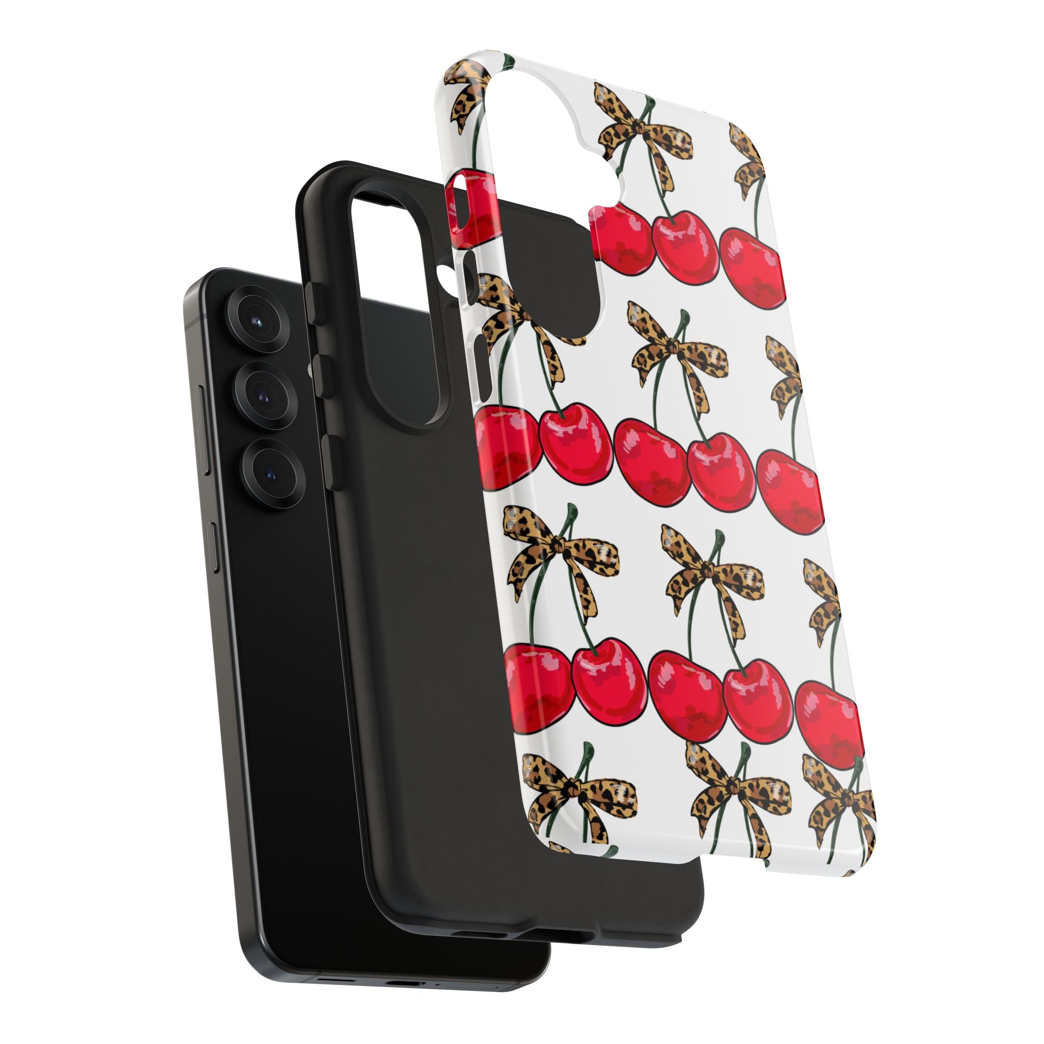 Cherry Pattern Phone Case — Retro Red Cherries with Leopard Bow iPhone Case