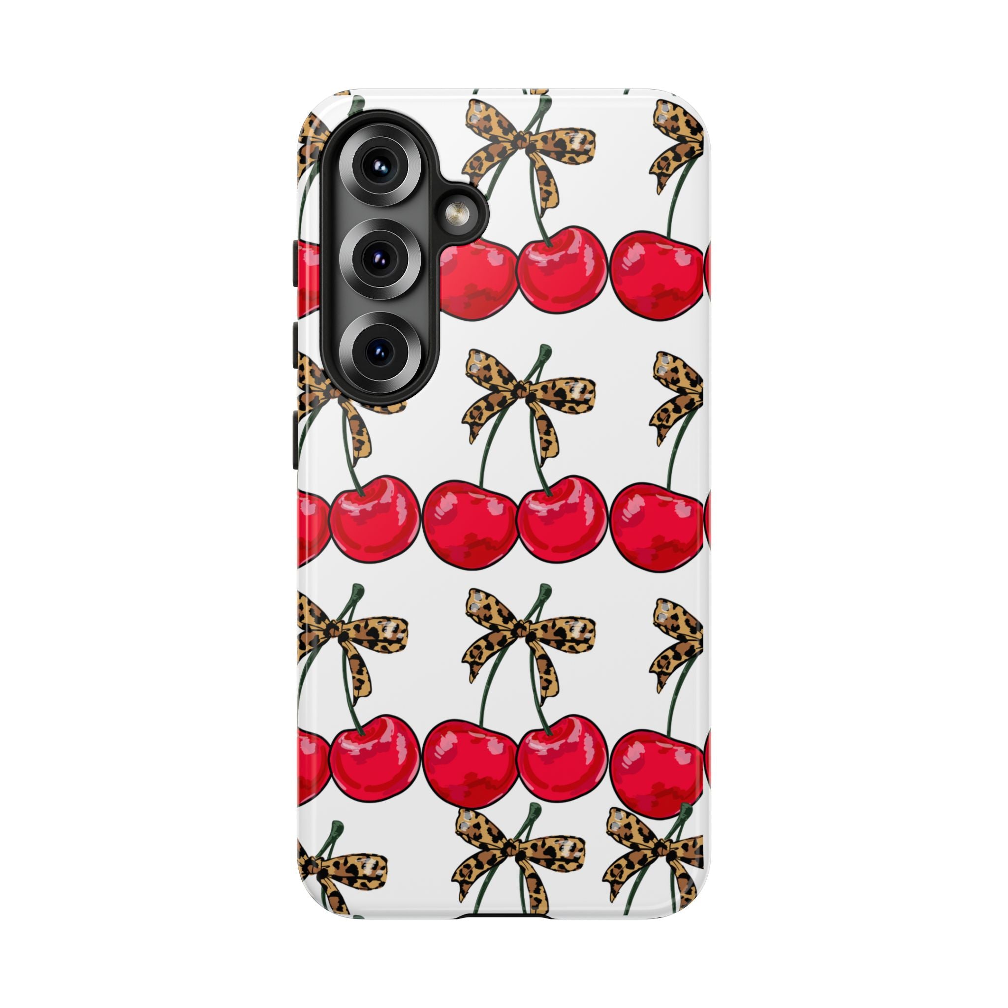 Cherry Pattern Phone Case — Retro Red Cherries with Leopard Bow iPhone Case