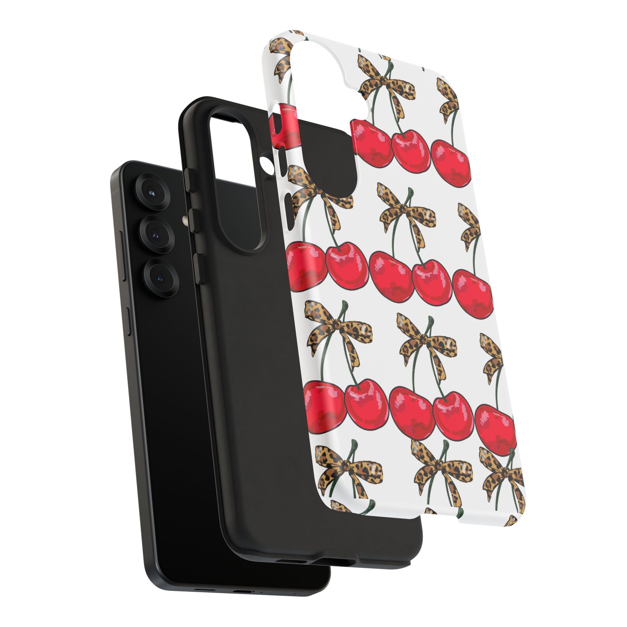 Cherry Pattern Phone Case — Retro Red Cherries with Leopard Bow iPhone Case