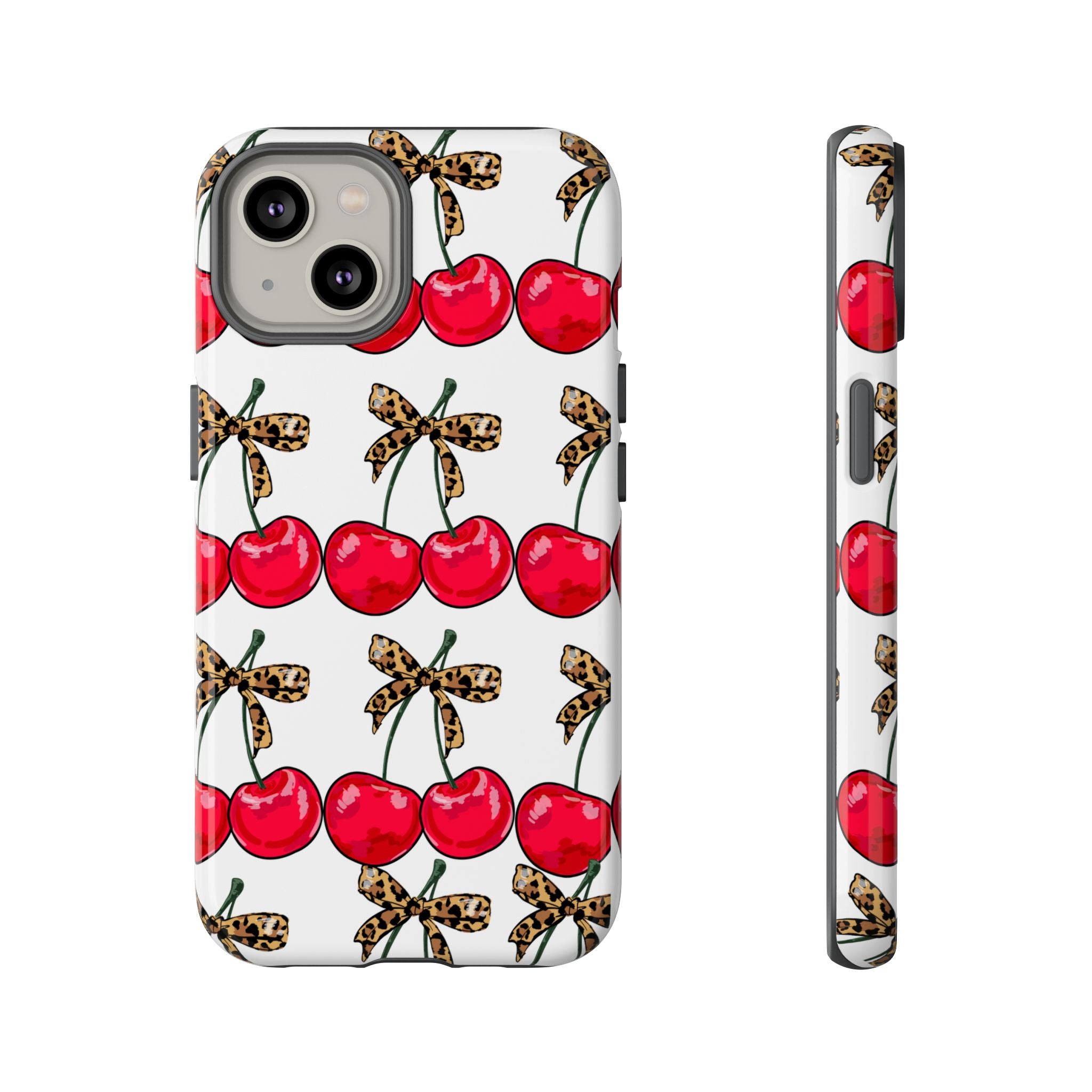 Cherry Pattern Phone Case — Retro Red Cherries with Leopard Bow iPhone Case