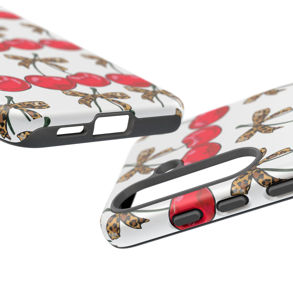 Cherry Pattern Phone Case — Retro Red Cherries with Leopard Bow iPhone Case