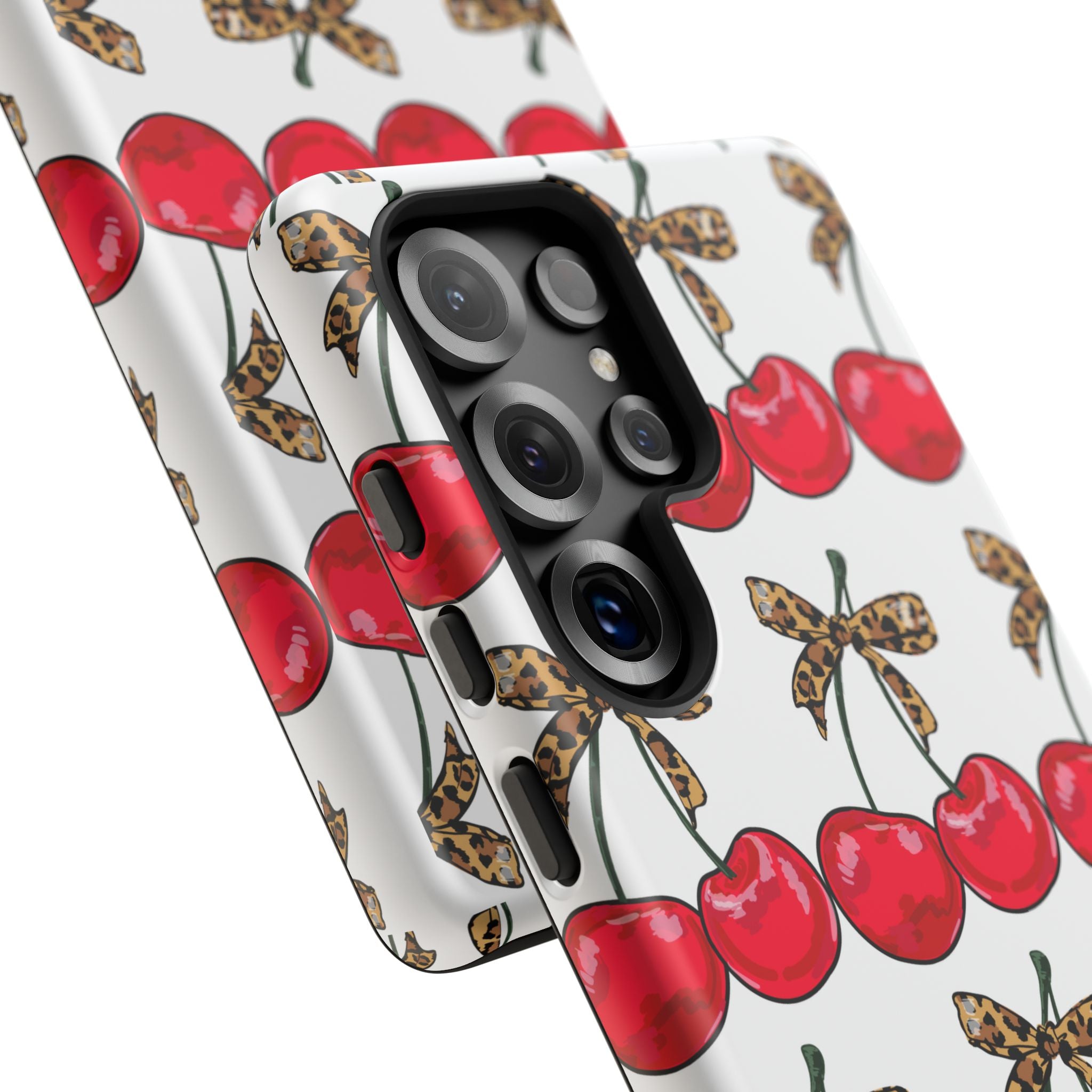 Cherry Pattern Phone Case — Retro Red Cherries with Leopard Bow iPhone Case