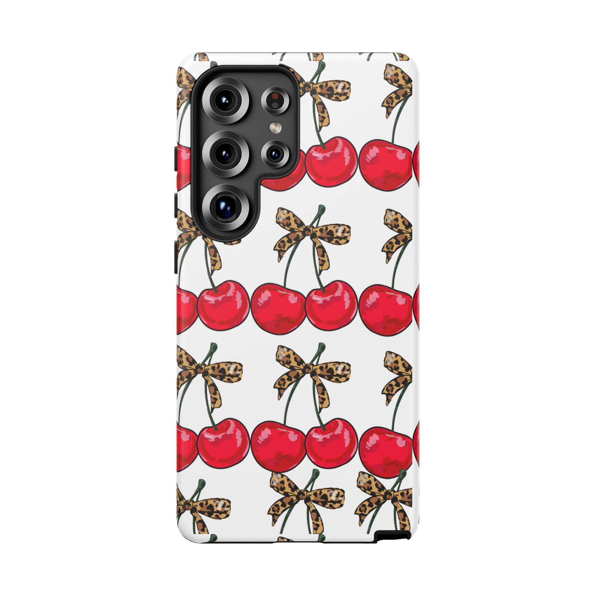 Cherry Pattern Phone Case — Retro Red Cherries with Leopard Bow iPhone Case