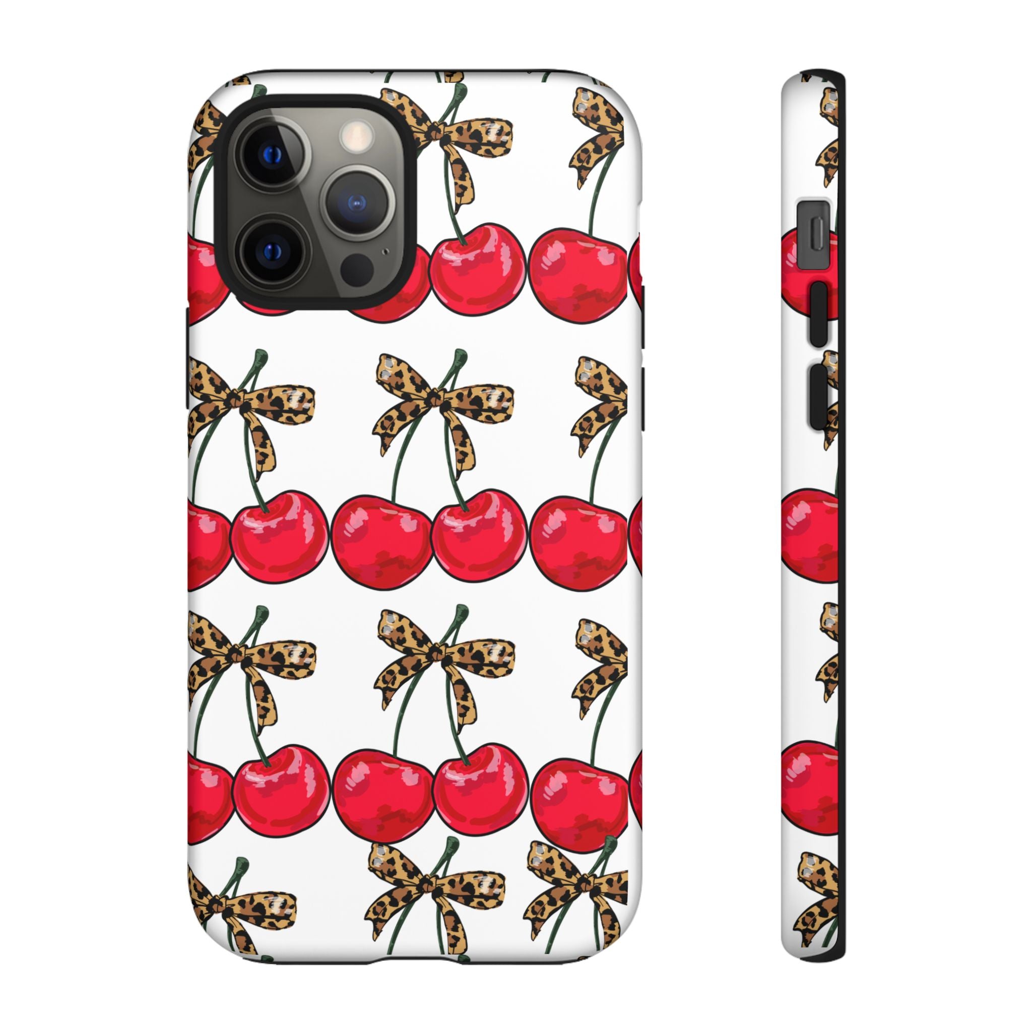 Cherry Pattern Phone Case — Retro Red Cherries with Leopard Bow iPhone Case