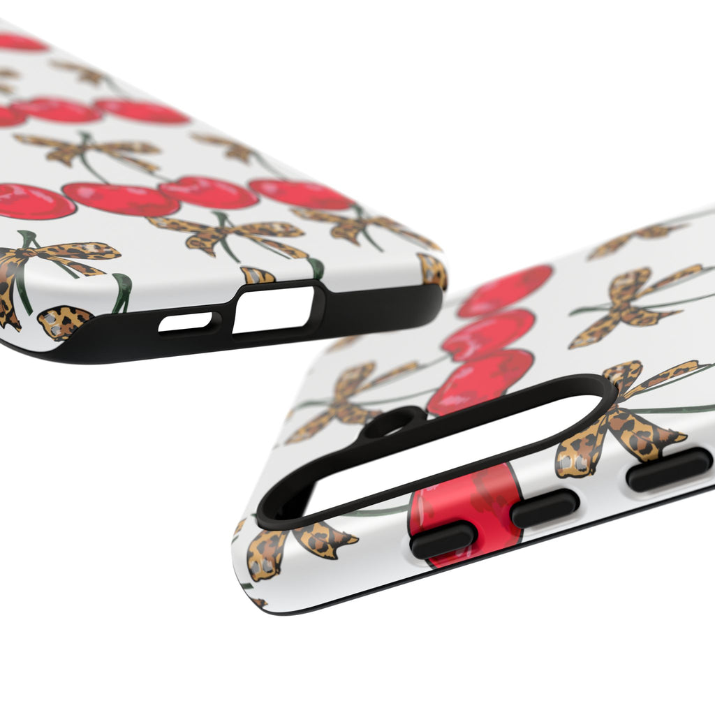 Cherry Pattern Phone Case — Retro Red Cherries with Leopard Bow iPhone Case