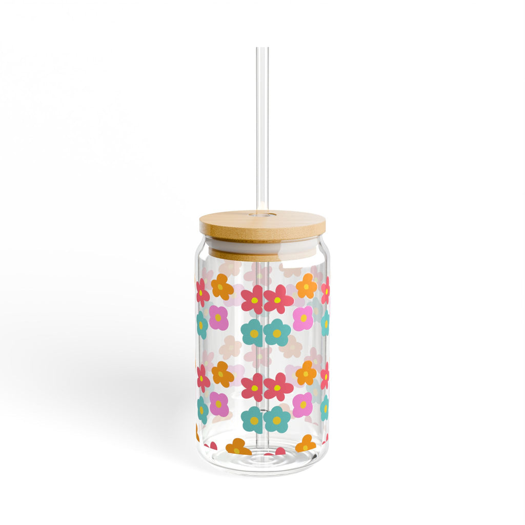 16oz Floral Sipper Glass — Cheerful Bamboo Lid & Retro Bloom Design