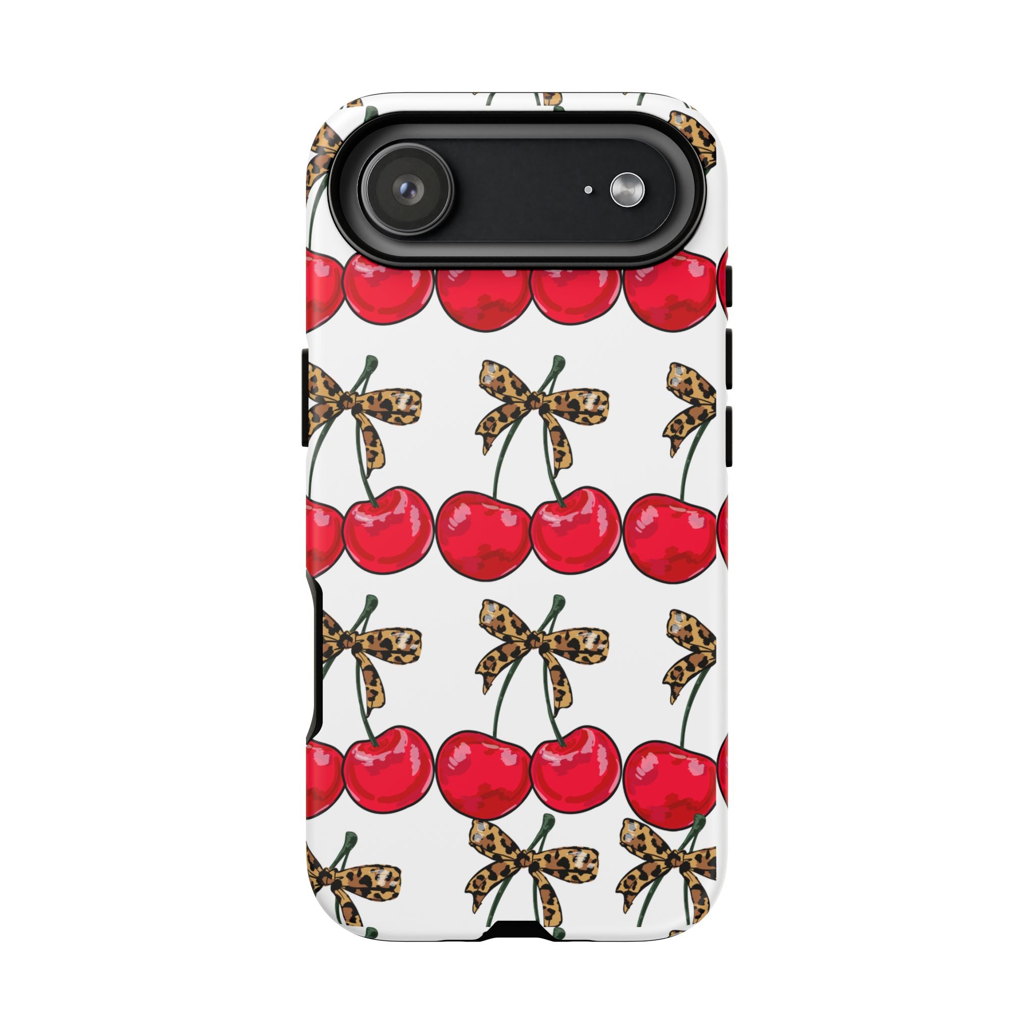 Cherry Pattern Phone Case — Retro Red Cherries with Leopard Bow iPhone Case