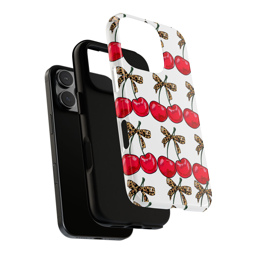 Cherry Pattern Phone Case — Retro Red Cherries with Leopard Bow iPhone Case