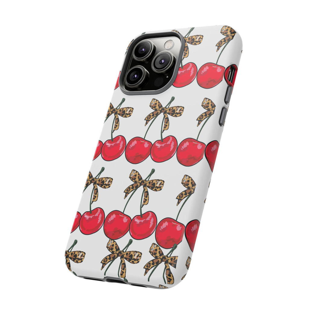 Cherry Pattern Phone Case — Retro Red Cherries with Leopard Bow iPhone Case