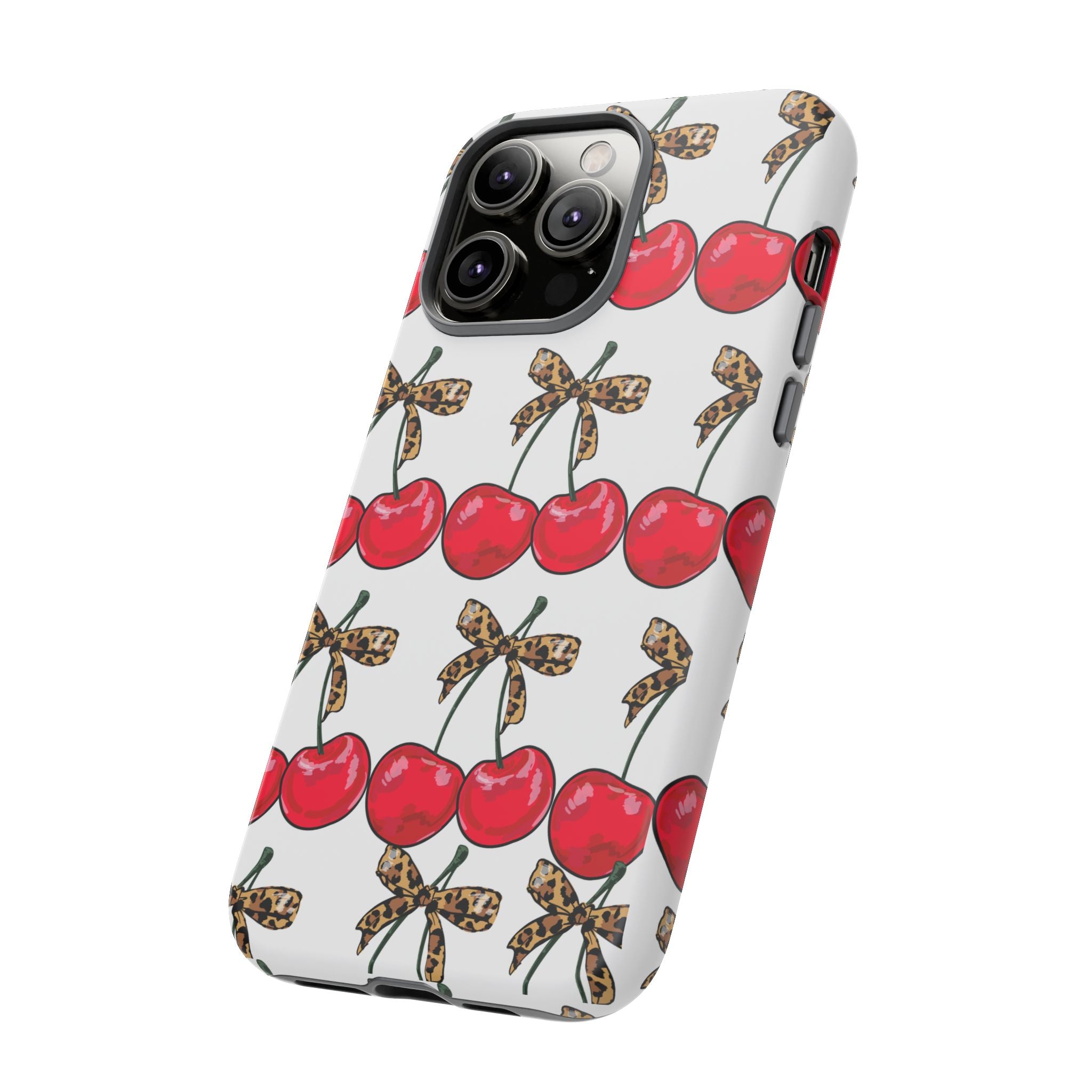 Cherry Pattern Phone Case — Retro Red Cherries with Leopard Bow iPhone Case