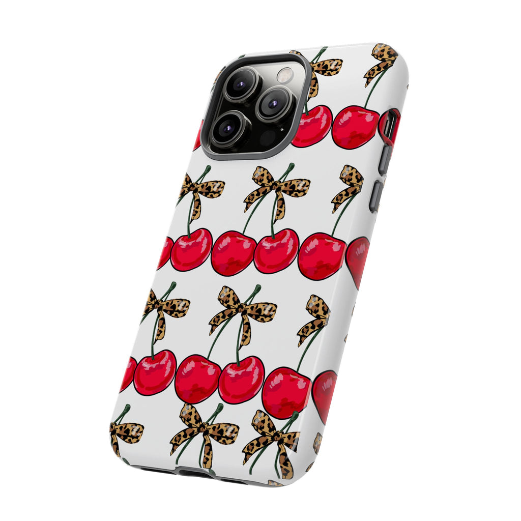 Cherry Pattern Phone Case — Retro Red Cherries with Leopard Bow iPhone Case