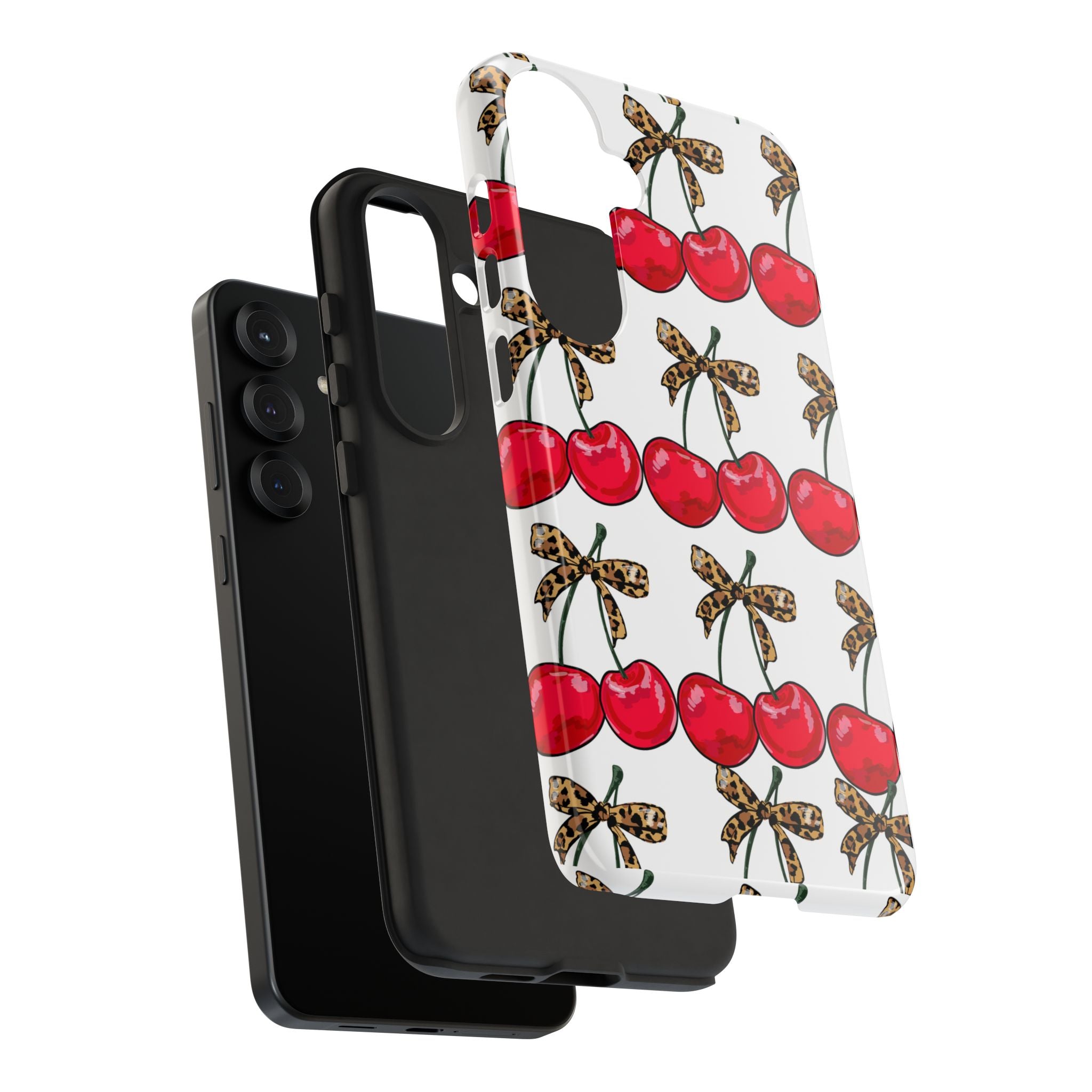 Cherry Pattern Phone Case — Retro Red Cherries with Leopard Bow iPhone Case
