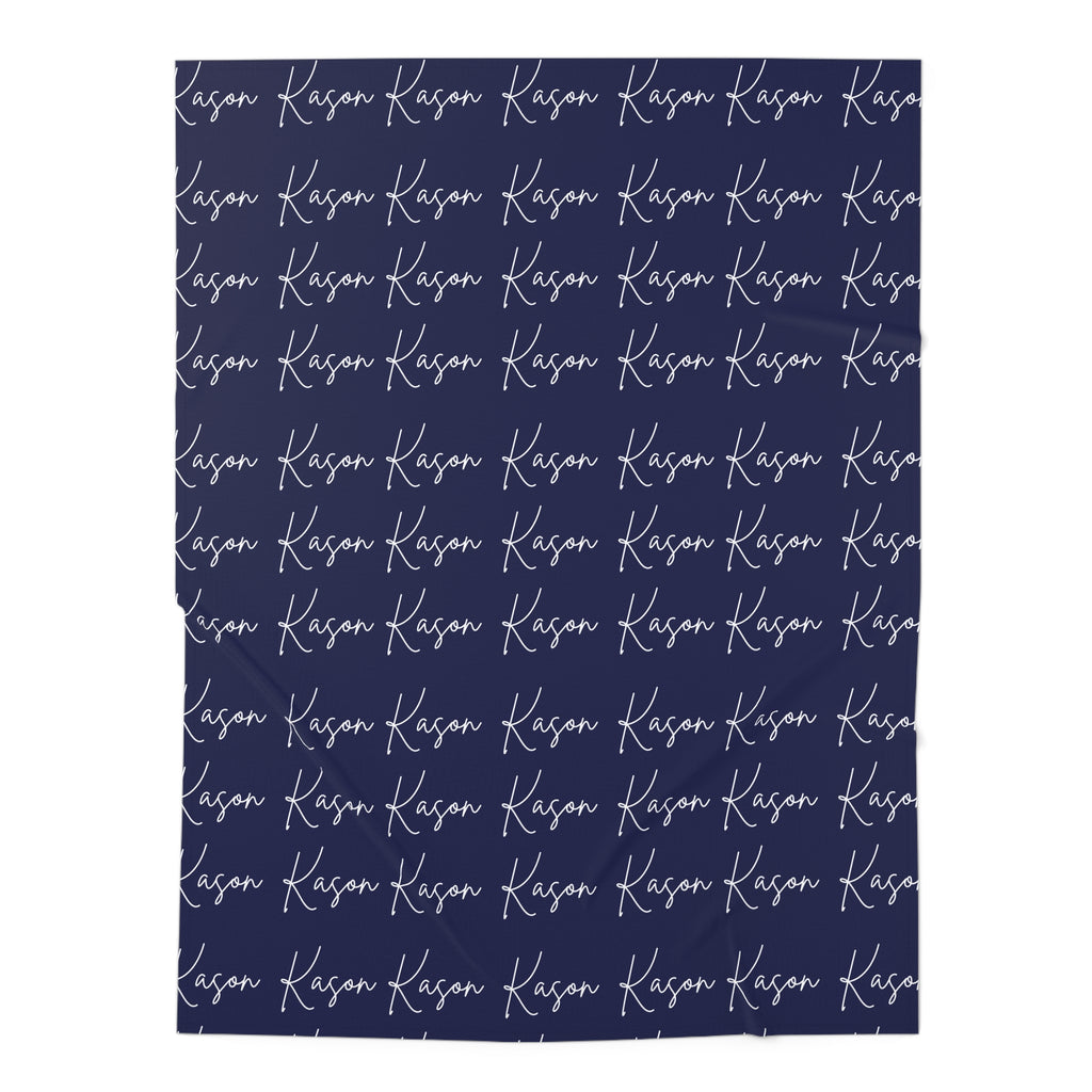 Personalized Navy Baby Swaddle Blanket — Custom Name Script Pattern