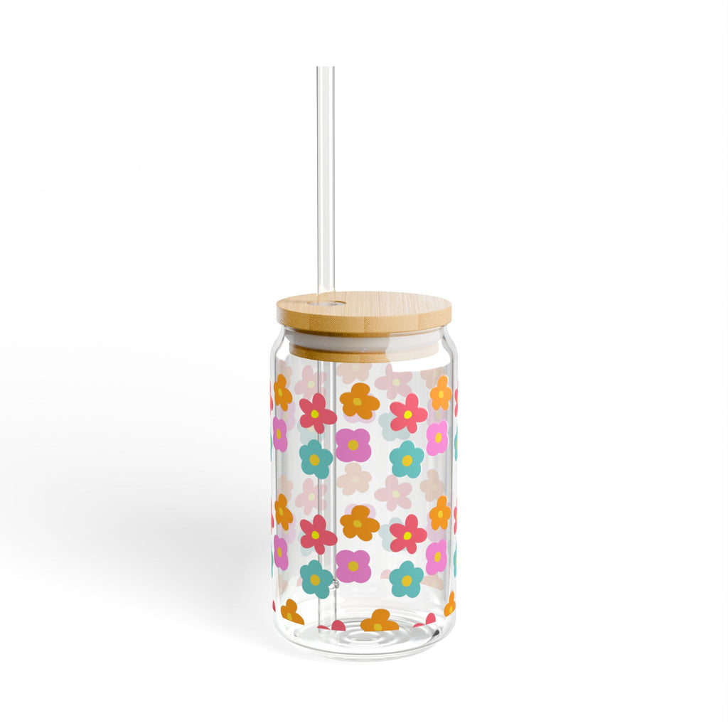 16oz Floral Sipper Glass — Cheerful Bamboo Lid & Retro Bloom Design