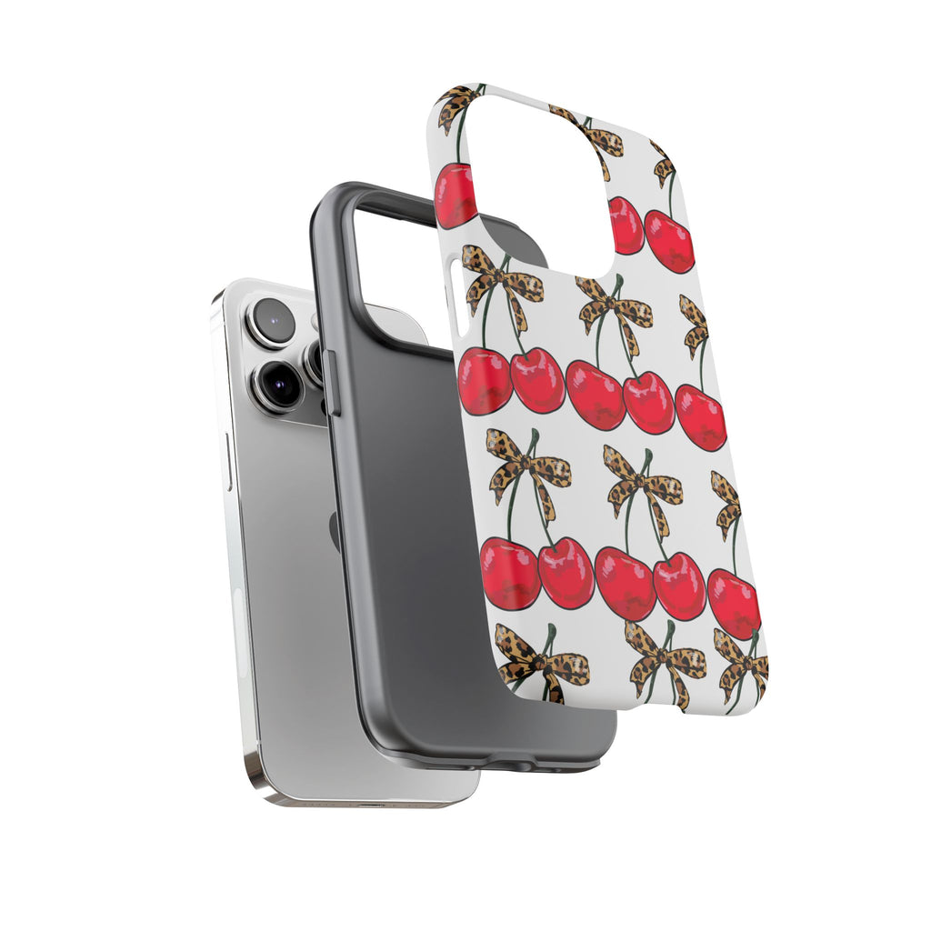Cherry Pattern Phone Case — Retro Red Cherries with Leopard Bow iPhone Case