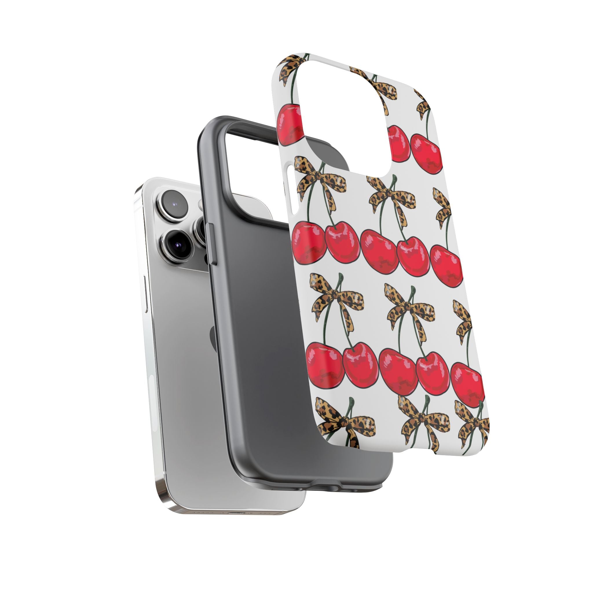 Cherry Pattern Phone Case — Retro Red Cherries with Leopard Bow iPhone Case